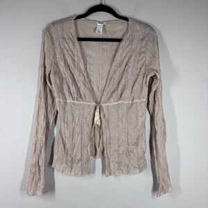 Vintage Y2K Studio Y Sheer Mesh Babydoll Tie Front Blouse Sequins Embroidered L